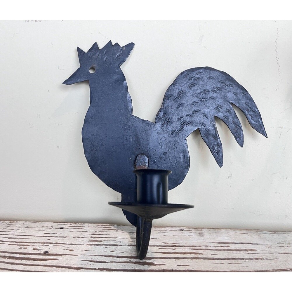 Vintage Primitive Rustic Black Metal Rooster Wall Candle Sconce Country Decor